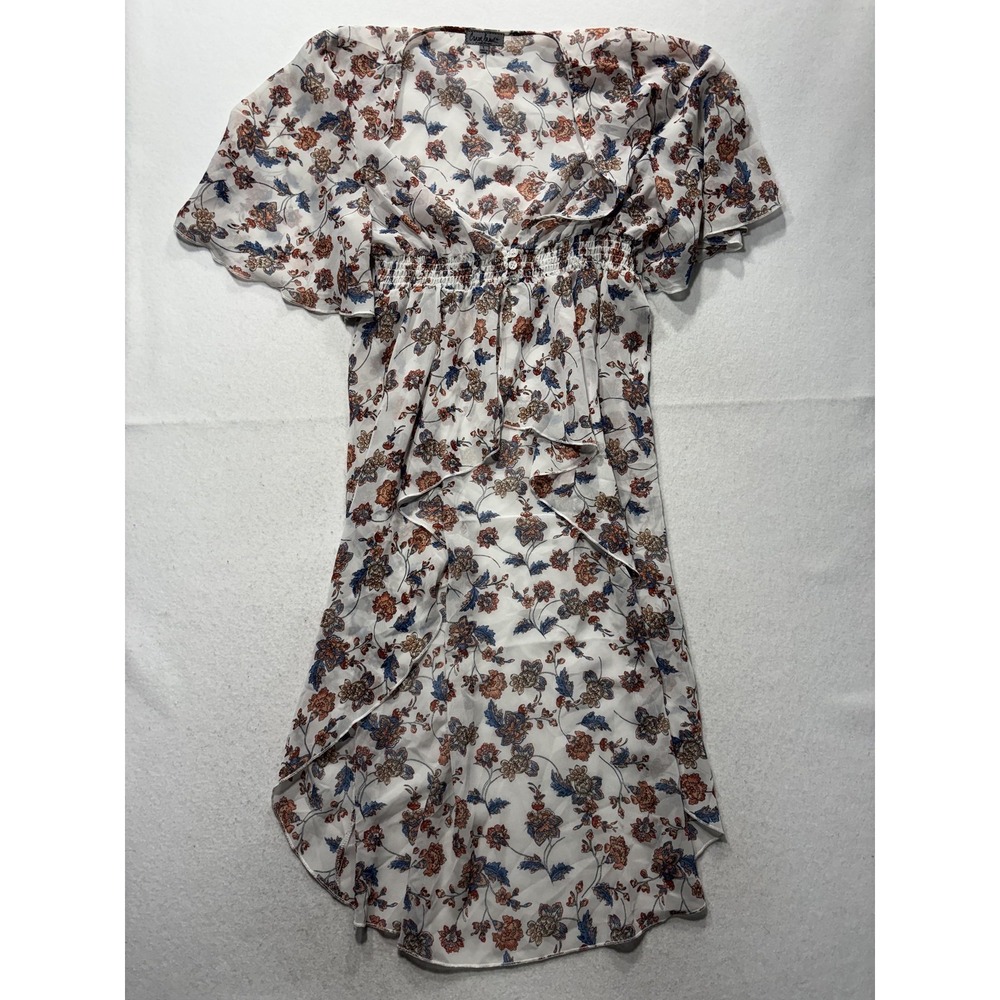 Crave Fame Dress Juniors L Multicolor Floral V Neck Smocked Ruffle Midi P186927